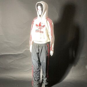Adidas Cropped White Hoodie & Black Track Pants Set | Red Stripes | Size Large